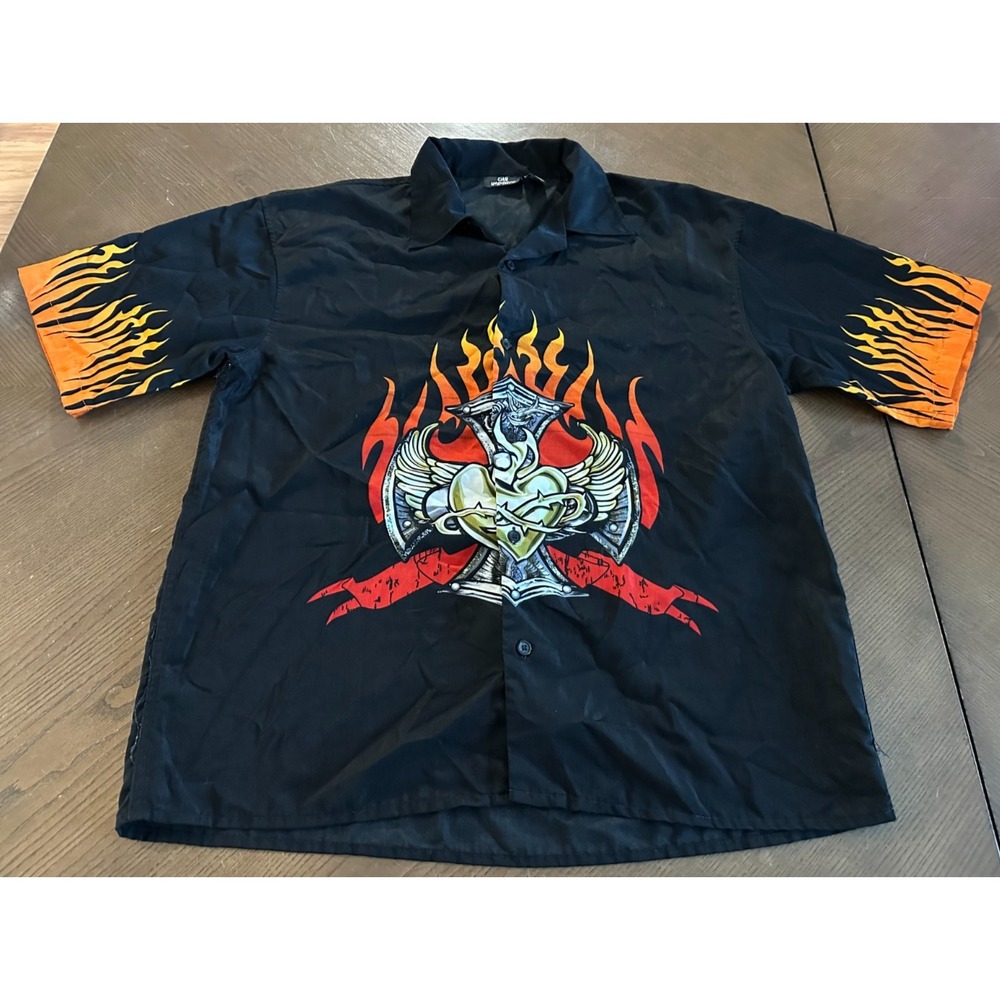 Vintage Y2K City Impact Bowling Button Up Short Sleeve Shirt Flames Size XL
